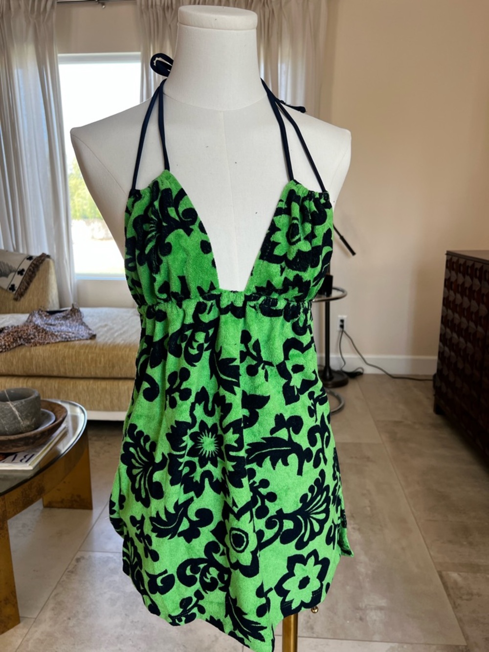 Green and Navy Halter mini terry dress